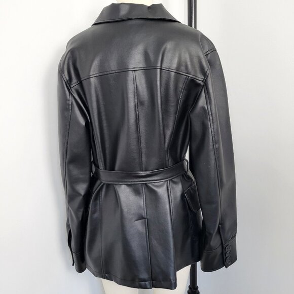 Outer Edge Faux Leather Trench Coat – Early 2000s Y2K Belted Jacket - Picture 4 of 12